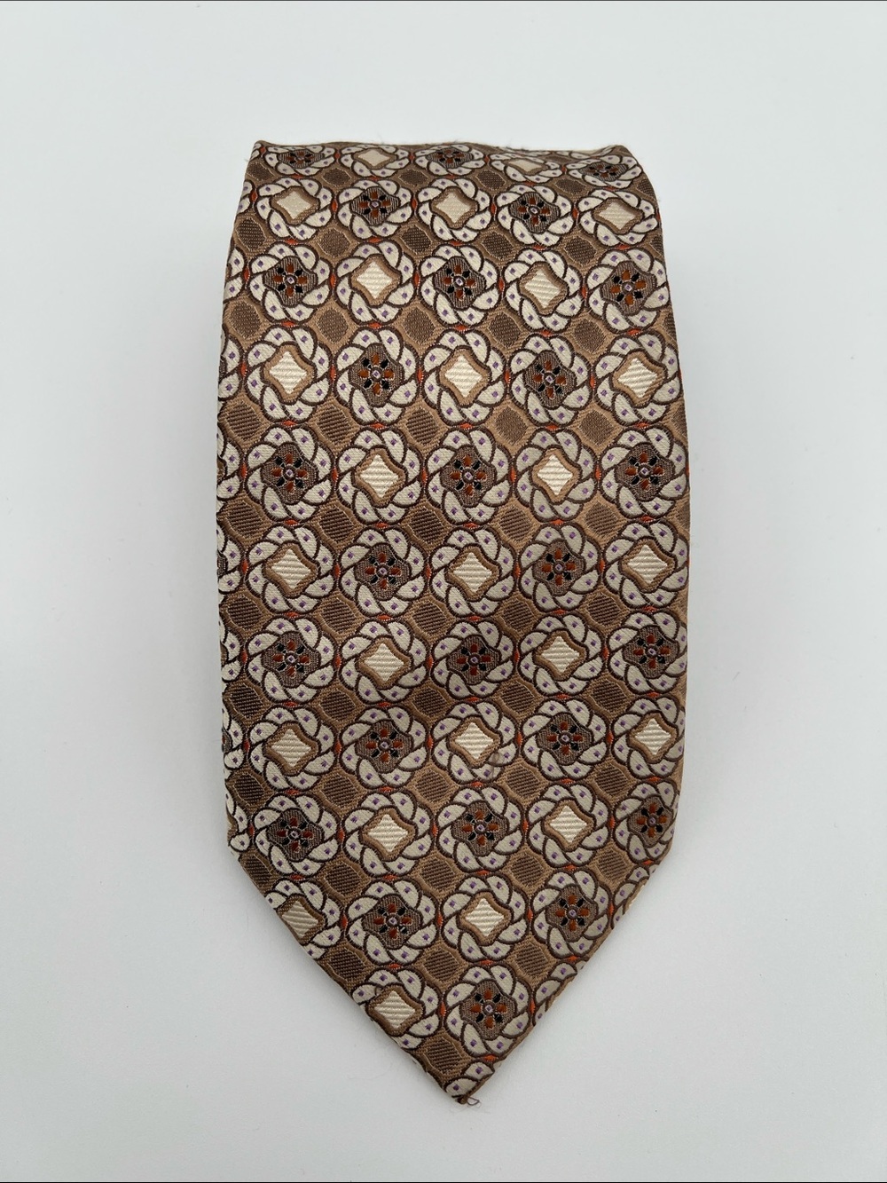 Steve Harvey Collection Hand Made 100% Silk Men's Geometric Pattern Tan Neck Tie